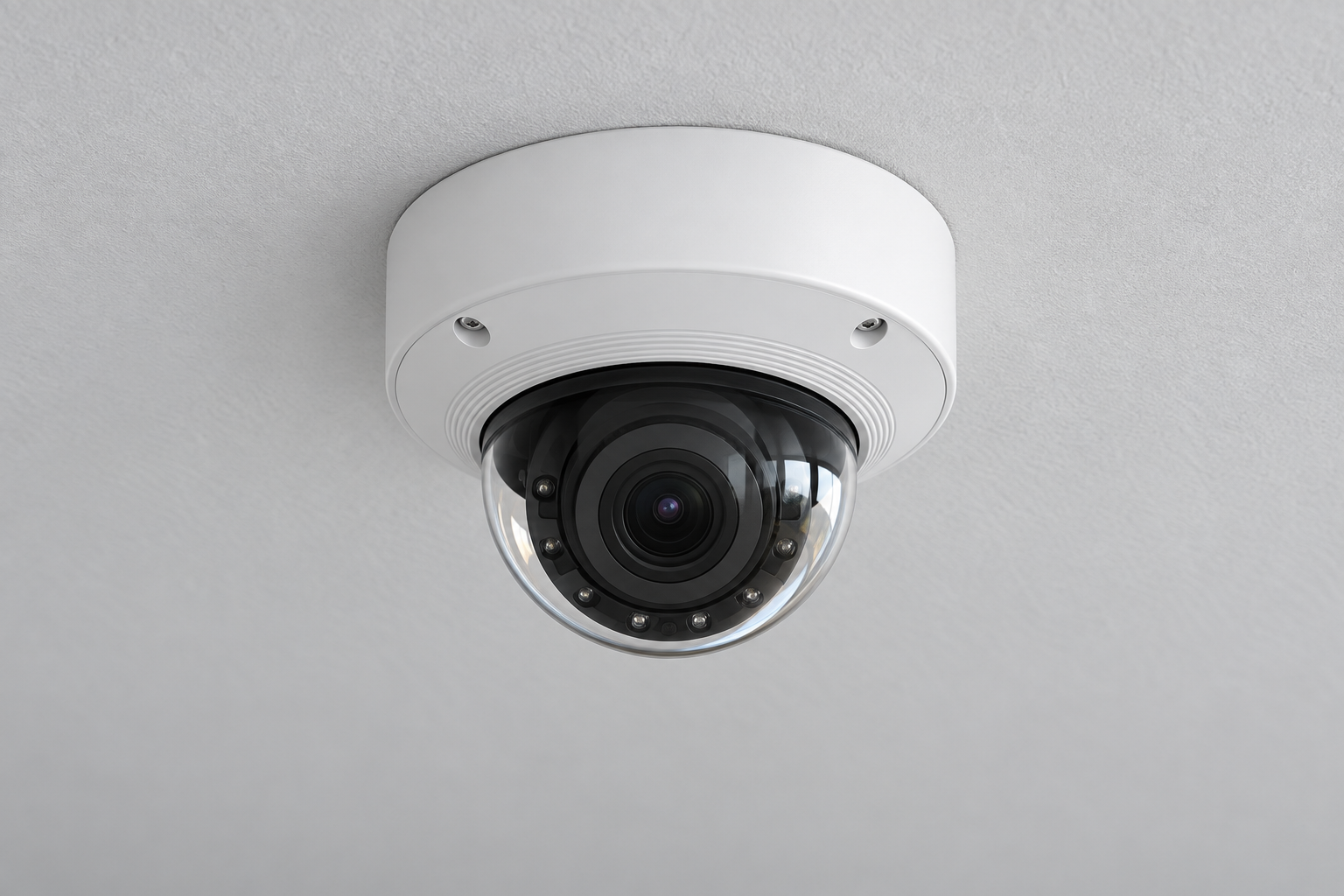 Dome security camera flush-mounted on a ceiling with concealed wiring